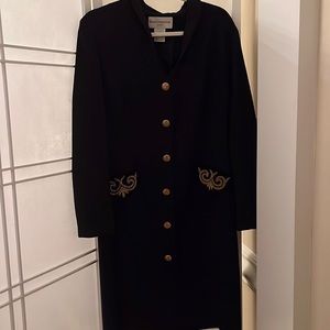 Black Evan-Picone dress. Fully lined, gold trim with gold buttons. Vintage